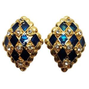 Blue Harlequin Clip On Earrings Rhinestone Enamel Gold Tone Diamond Shape 1980s